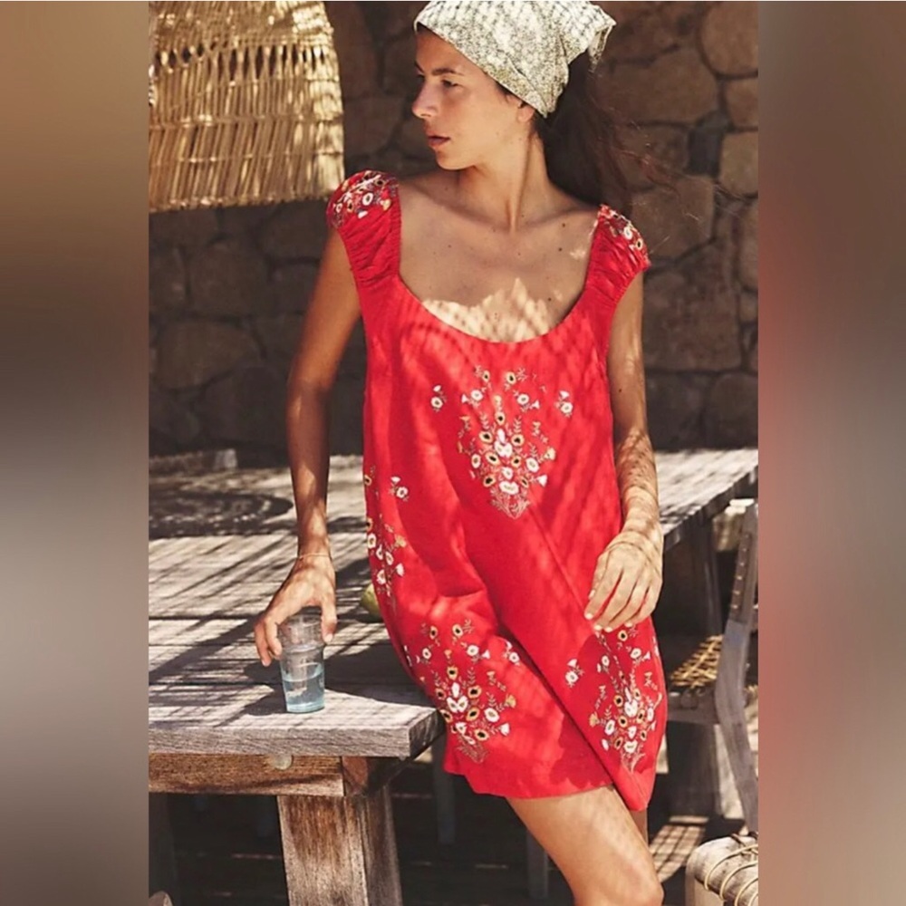 Free People Wildflower Embroidered Red Mini Dress Floral Short Boho M
